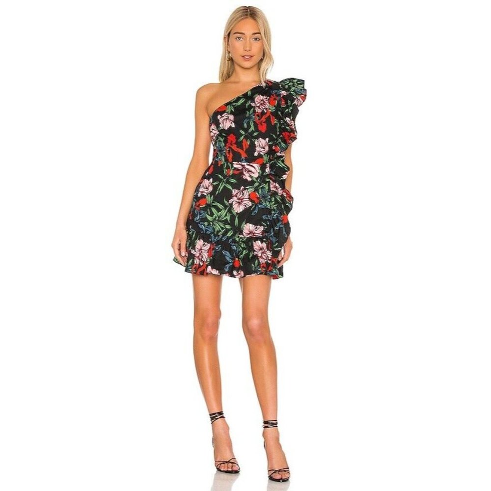 Pam & Gela Bali High Side Ruffle Mini Dress Black Floral - Picture 4 of 9